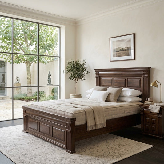 PRITI Wood Solid Wood Classic Panel Bed with Carved Pillars and Fluted Detailing