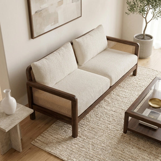 PRITI WOOD Solid Wood Sofa with Natural Cane Backrest and Premium Fabric Cushions