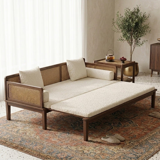 PRITI Solid Wood and Cane Weaving Sofa Cum Bed
