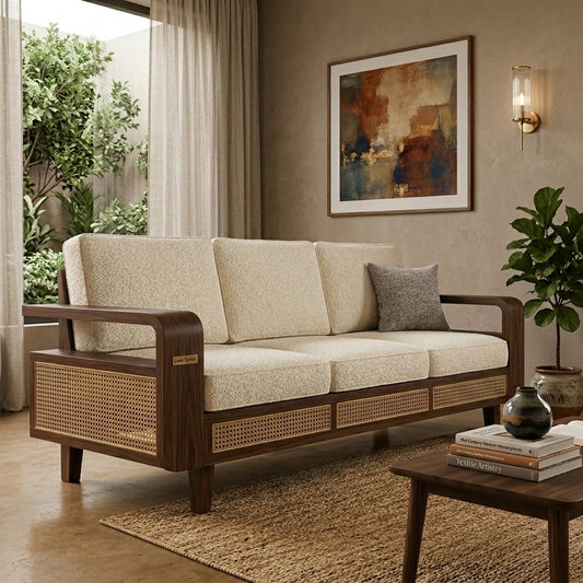 PRITI Sheesham Wood and Cane Sofa for Living Room