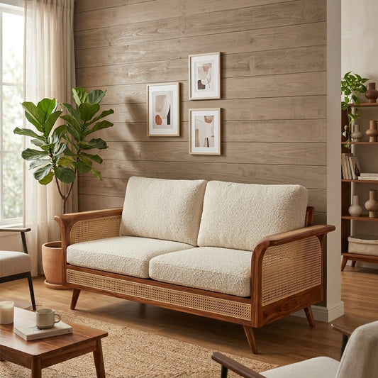 PRITI Sheesham Wood and Cane Sofa for Living Room
