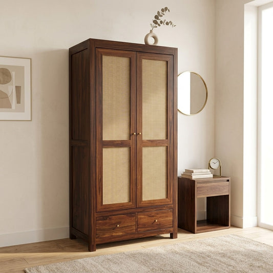 PRITI Two Door Solid Sheesham Wood Wardrobe Cane