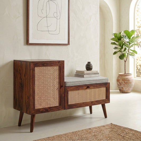 PRITI Woven Rattan Storage Bench with Cushion, Natural