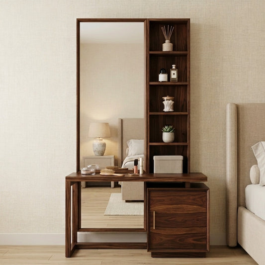 PRITI Sheesham Wood Dressing Table with Mirror and Storage (Dark Walnut Finish)
