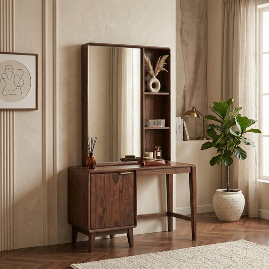 PRITI Sheesham Wood Dressing Table with Mirror and Storage (Dark Walnut Finish)