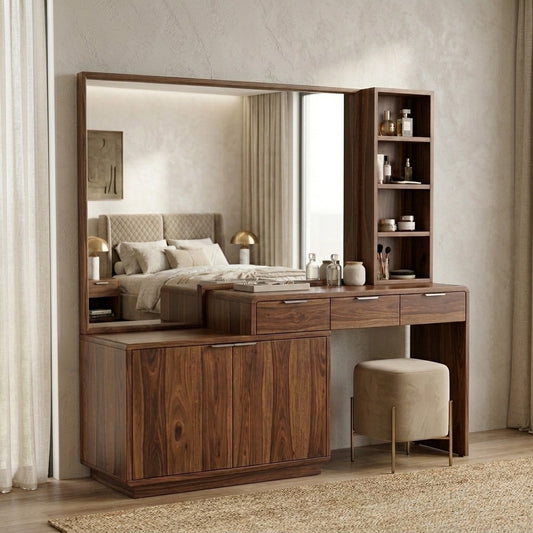PRITI Sheesham Wood Dressing Table with Mirror and Storage (Dark Walnut Finish)