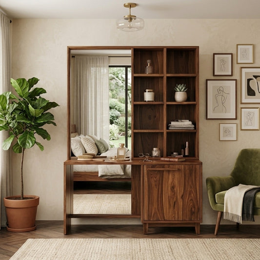 PRITI Sheesham Wood Dressing Table with Mirror and Storage (Dark Walnut Finish)