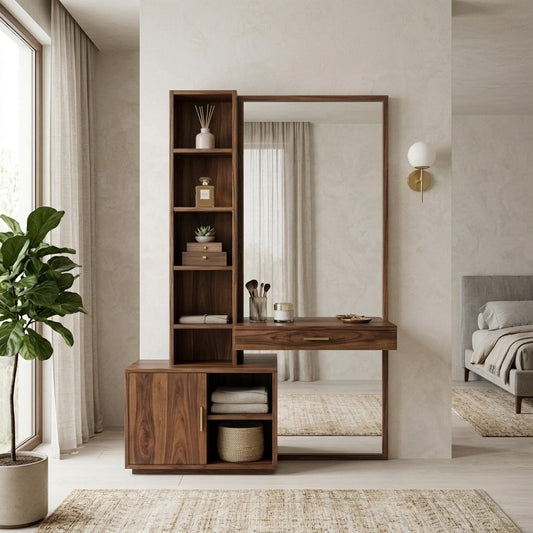PRITI Sheesham Wood Dressing Table with Mirror and Storage (Dark Walnut Finish)