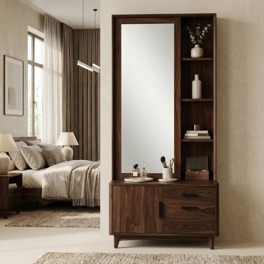 PRITI Sheesham Wood Dressing Table with Mirror and Storage (Dark Walnut Finish)