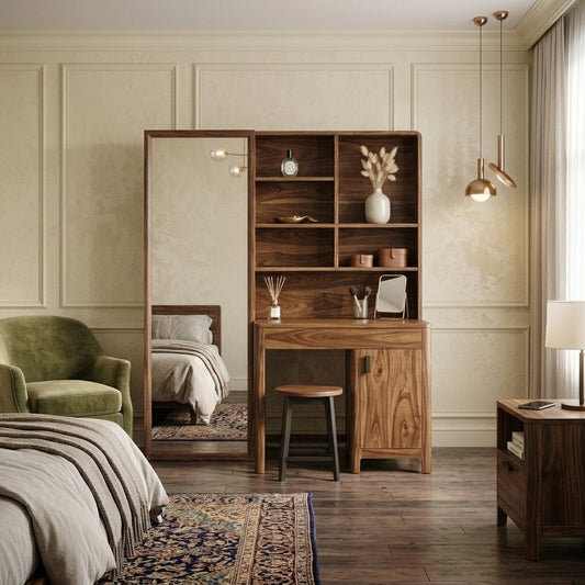 PRITI Sheesham Wood Dressing Table with Mirror and Storage (Dark Walnut Finish)