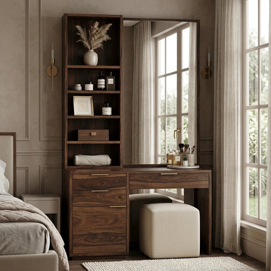 PRITI Sheesham Wood Dressing Table with Mirror and Storage (Dark Walnut Finish)