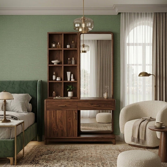 PRITI Sheesham Wood Dressing Table with Mirror and Storage (Dark Walnut Finish)