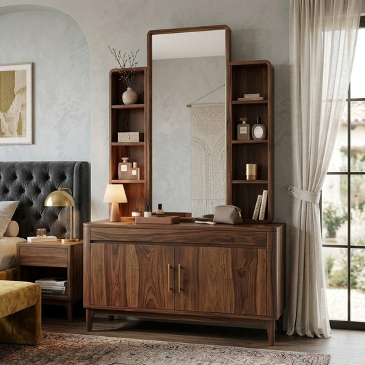 PRITI Sheesham Wood Dressing Table with Mirror and Storage (Dark Walnut Finish)