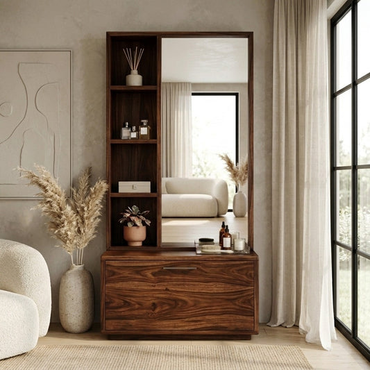 PRITI Sheesham Wood Dressing Table with Mirror and Storage (Dark Walnut Finish)