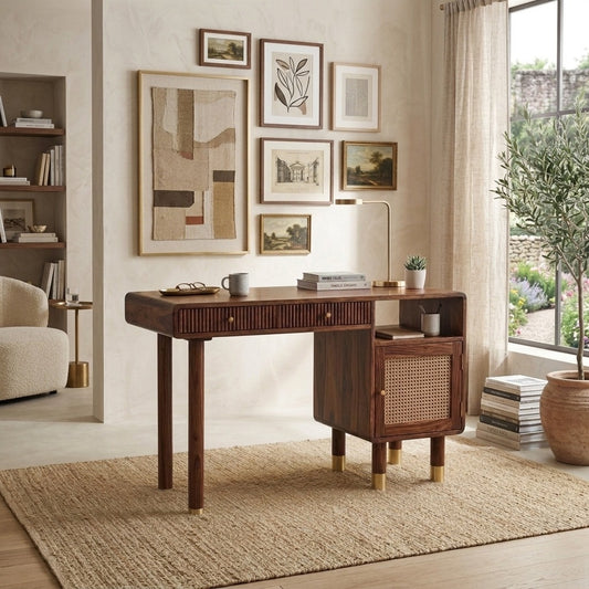 PRITI Modern Designer Sheesham Wood Study Table with Cane Accents & Drawer Storage