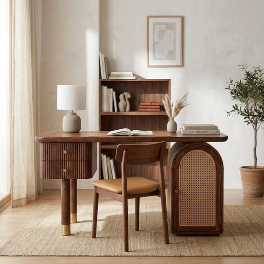 PRITI Modern Designer Sheesham Wood Study Table with Cane Accents & Drawer Storage