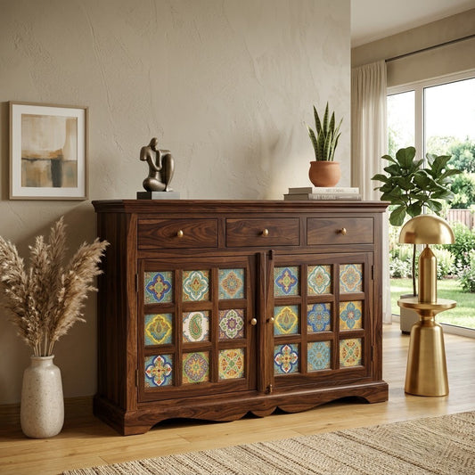 PRITI Sheesham Wood Storage Cabinet Sideboard With Three Drawers (Walnut Finish)