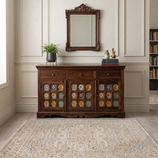 PRITI Sheesham Wood Storage Cabinet Sideboard With Three Drawers (Walnut Finish)