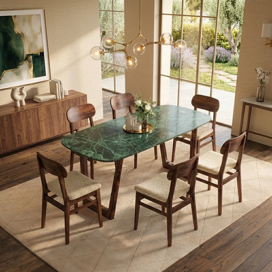 PRITI Solid Sheesham Wood 6 Seater Dining Table Set with 6 Lunar Dining Chairs (Dark Walnut Sheesham Finish, Crème Morphino Upholstery)