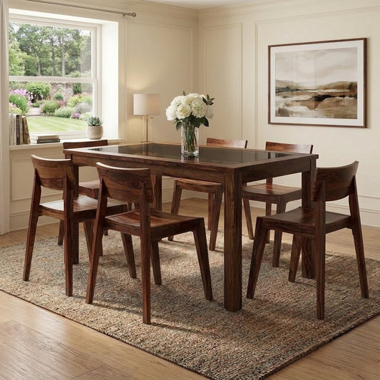 PRITI 6-Seater Glass Top Dining Table Set with 6 Gordon Chairs (Finish: Dark Walnut Sheesham, Chair Colour: Dark Walnut)