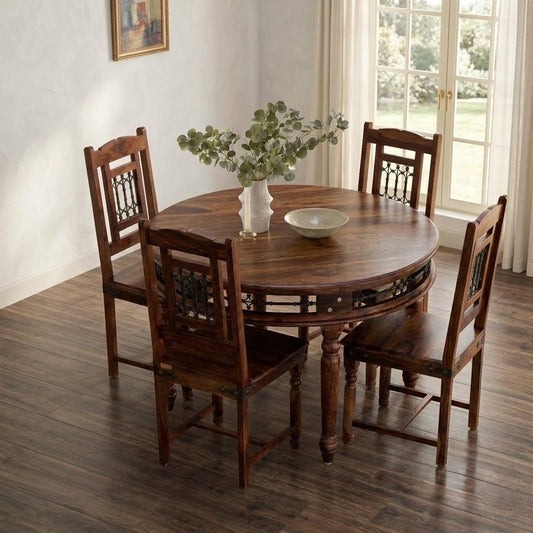 PRITI Solid Wood 4 Seater Round Dining Table Set