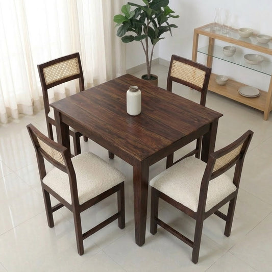 PRITI Solid Wood Cane 4 Seater Dining Table Set