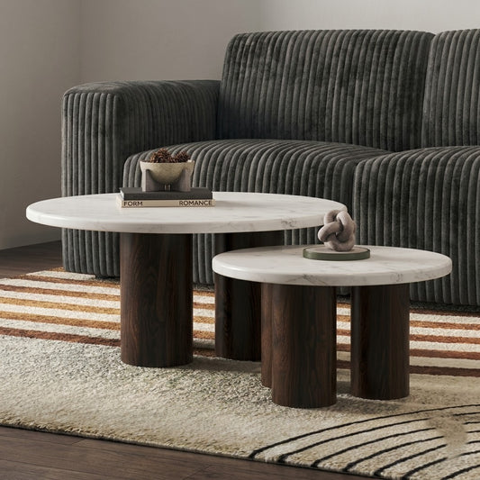 PRITI Set Of 2 Round Solid Wood Coffee Table dark walnut sheesham finish