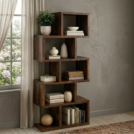 PRITI Solid Wood Zigzag Display Shelf – Modern Open Storage Bookcase