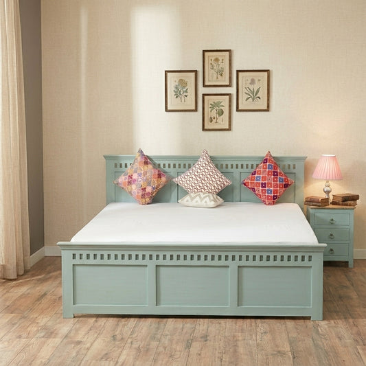 PRITI Solid Wood Queen Size Bed - Silt Green