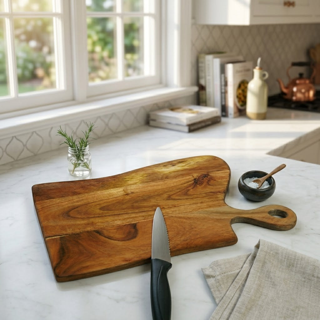 . PRITI Home Handcrafted Acacia Wood Cutting Board – Large Wooden Chopping Board with Handle (17 x 10 Inch)