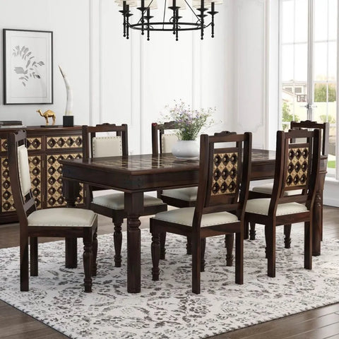 PRITI : Salem Brass Inlay Rustic Solid Wood Dining Table Chair Set