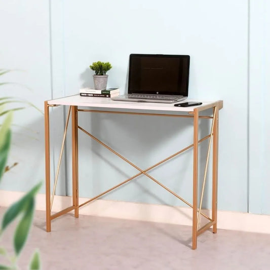 PRITI HOME 35.4″ Small Desk No-Assembly Folding Computer PC Desk Home Office Desk Laptop Study Writing Table for Space Saving – Golden – Laminated Marble Table top