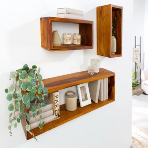 Solid Hanging Wall shelf set of 3 Sheesham Stone Finish
