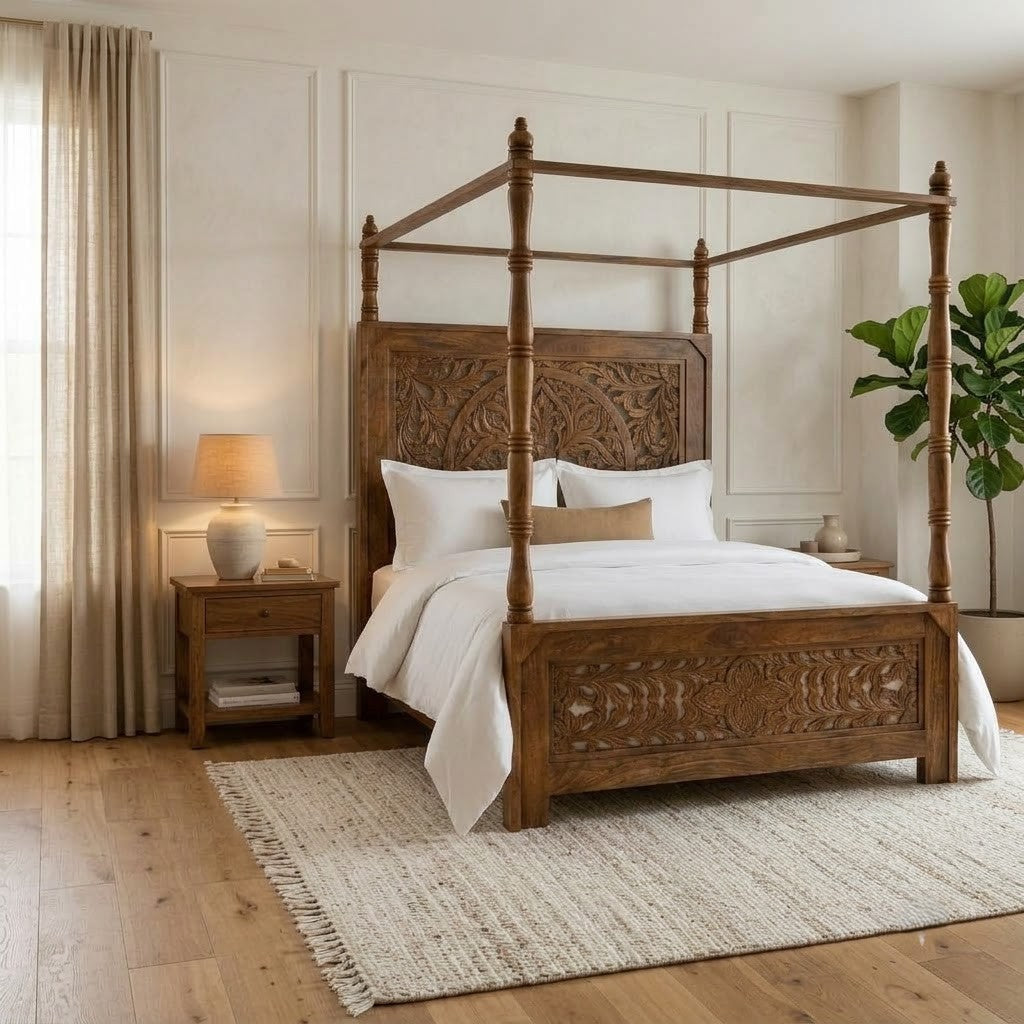 1. PRITI 160 x 200 cm mango wood bed with hand-carved detailing
