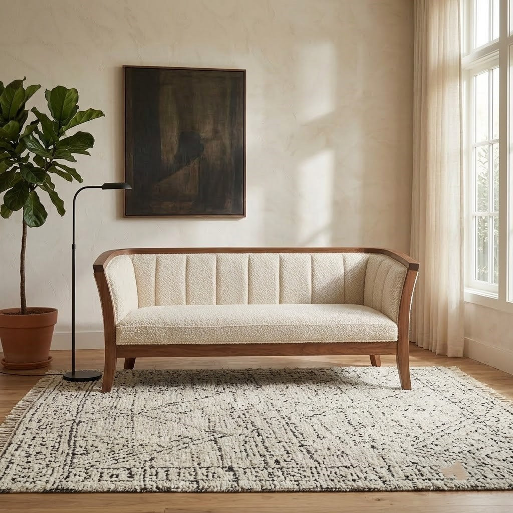 1. PRITI Natural Wood Frame Sofa with Crème Boucle Upholstery