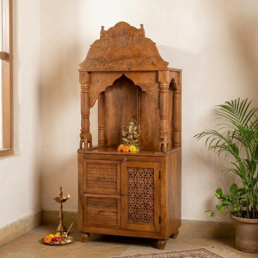 1. PRITI mango wood pooja mandir with storage for prayer essentials
