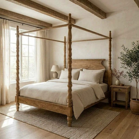 1. PRITI natural wood canopy bed for modern and globally inspired bedrooms