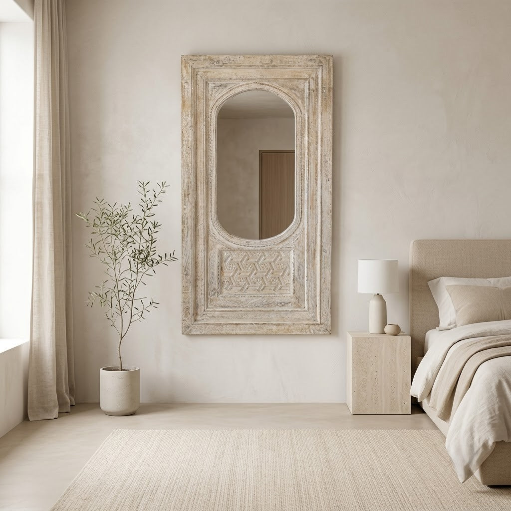 1. Rustic carved wooden wall mirror with natural grain and vintage finish