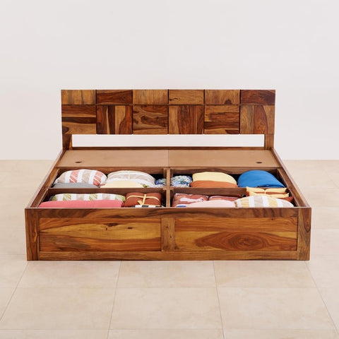 PRITI Rubix Wooden Queen Bed with Box Storage - Brown