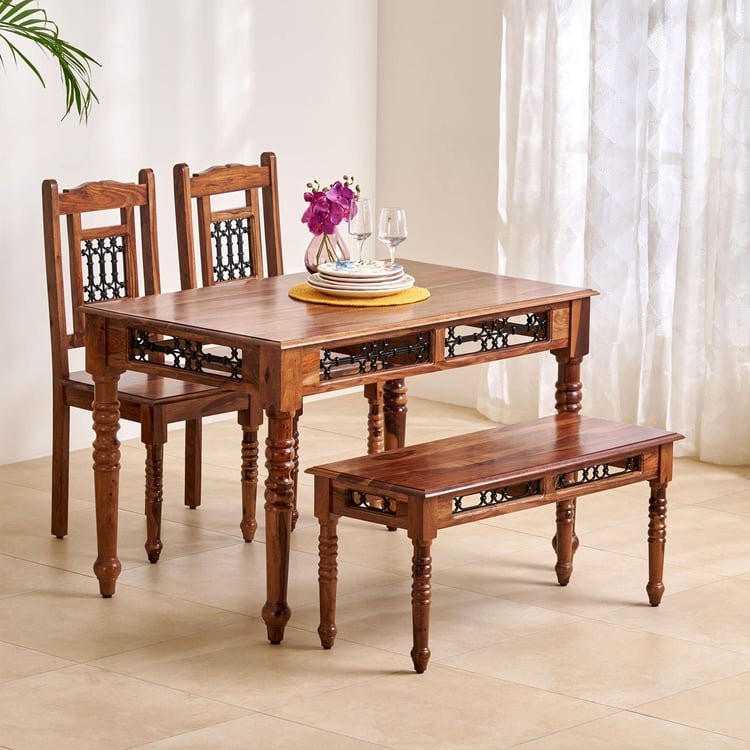 PRITI 4-Seater Dining Set with Chairs and Bench - Brown