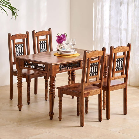PRITI Wooden 4-Seater Dining Set with Chairs - Brown