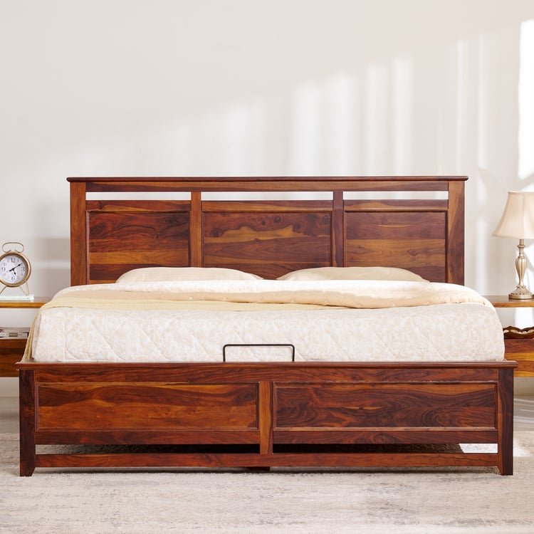 PRITI Wood Queen Bed with Hydraulic Storage - Brown