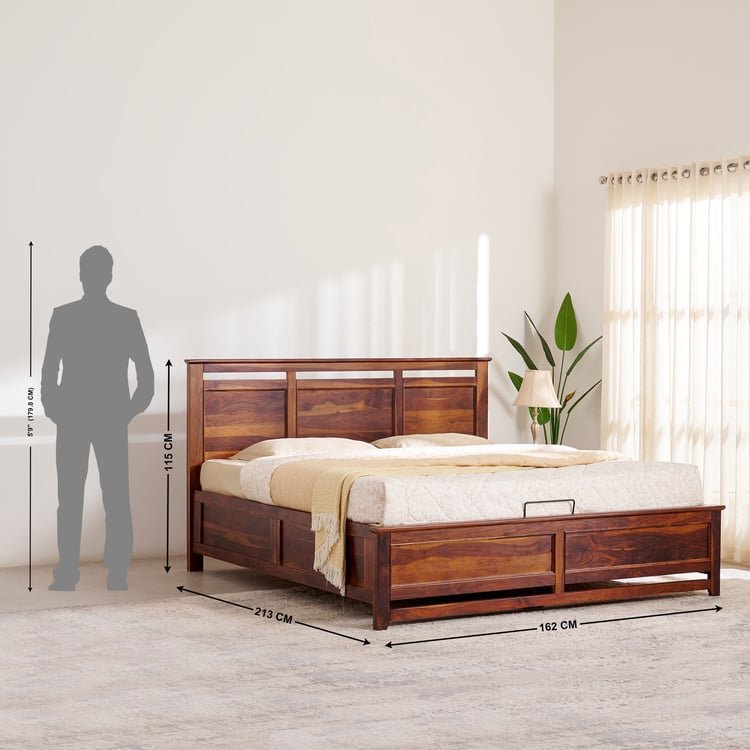 PRITI Wood Queen Bed with Hydraulic Storage - Brown