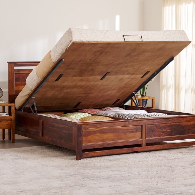 PRITI Wood Queen Bed with Hydraulic Storage - Brown