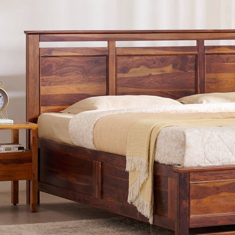 PRITI Wood Queen Bed with Hydraulic Storage - Brown
