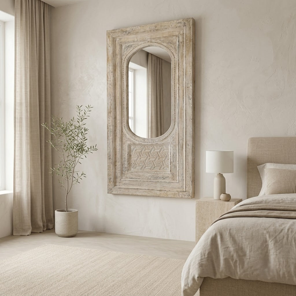 160 cm tall white wooden wall mirror with vintage rustic finish