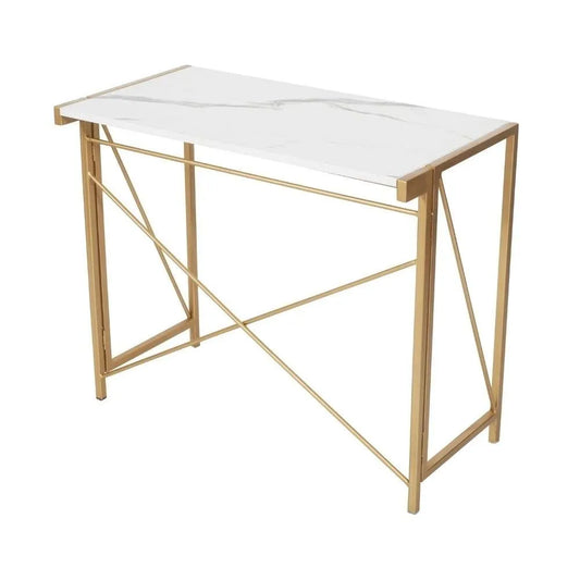PRITI HOME 35.4″ Small Desk No-Assembly Folding Computer PC Desk Home Office Desk Laptop Study Writing Table for Space Saving – Golden – Laminated Marble Table top
