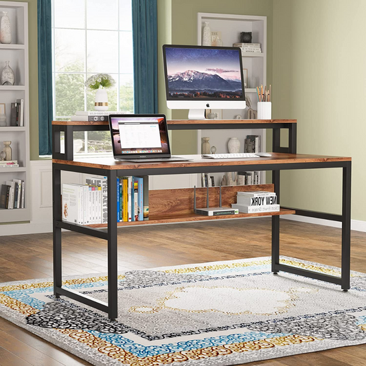 Study Workstation with Open Bookshelf for Home Office
