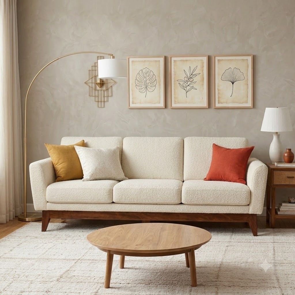 3 Seater Sofa with Crème Boucle Upholstery | Solid Wood by PRITI