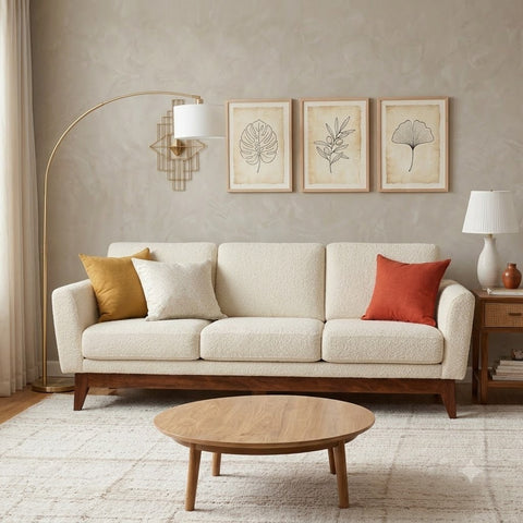 3 Seater Sofa with Crème Boucle Upholstery | Solid Wood by PRITI
